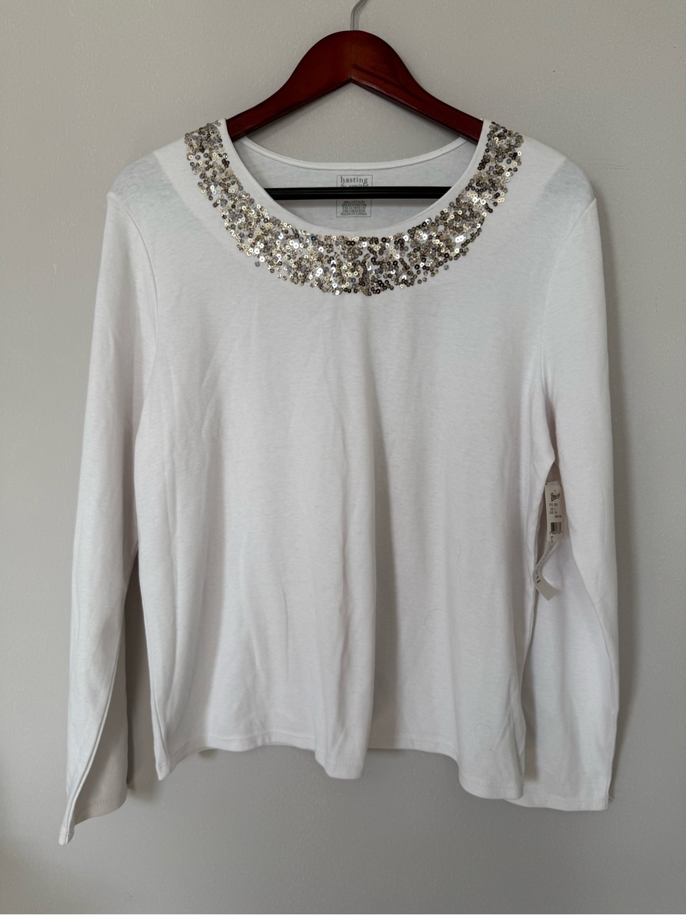 White Long-Sleeve Tee Top with Silver Sequin Collar Embellished Women Size L